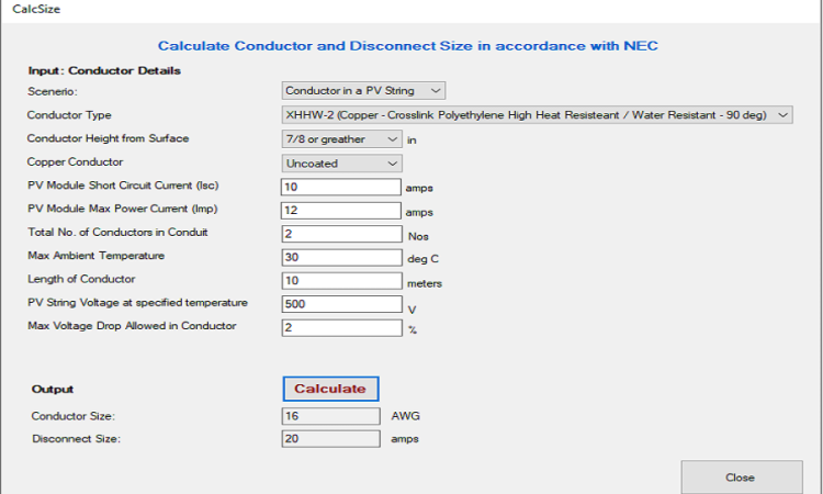 Solar PV String Conductor Sizing